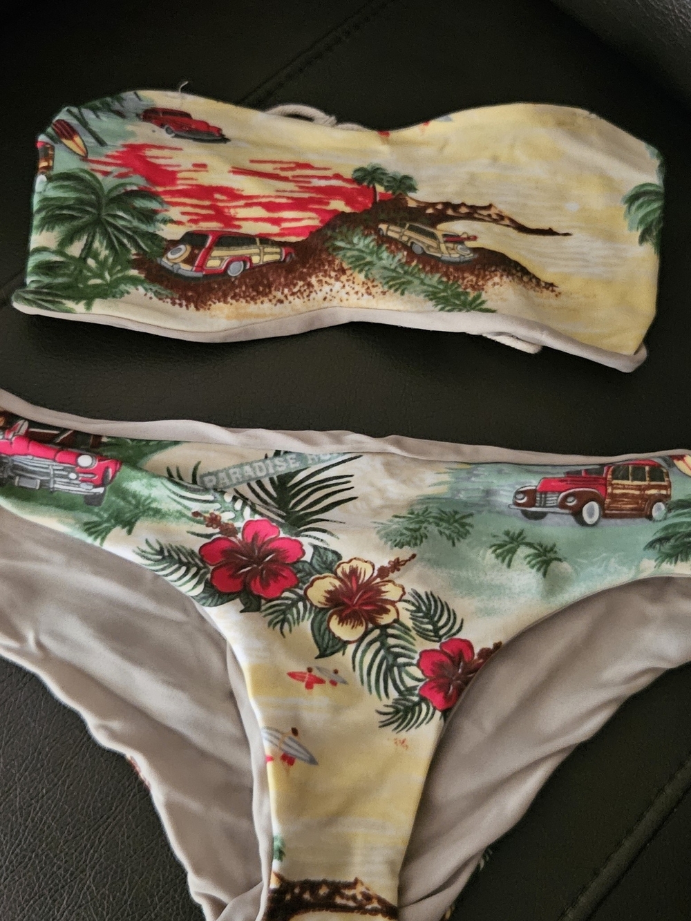 Tropical Floral Bandeau Bikini Set with Vintage Car Print - Yellow & Green